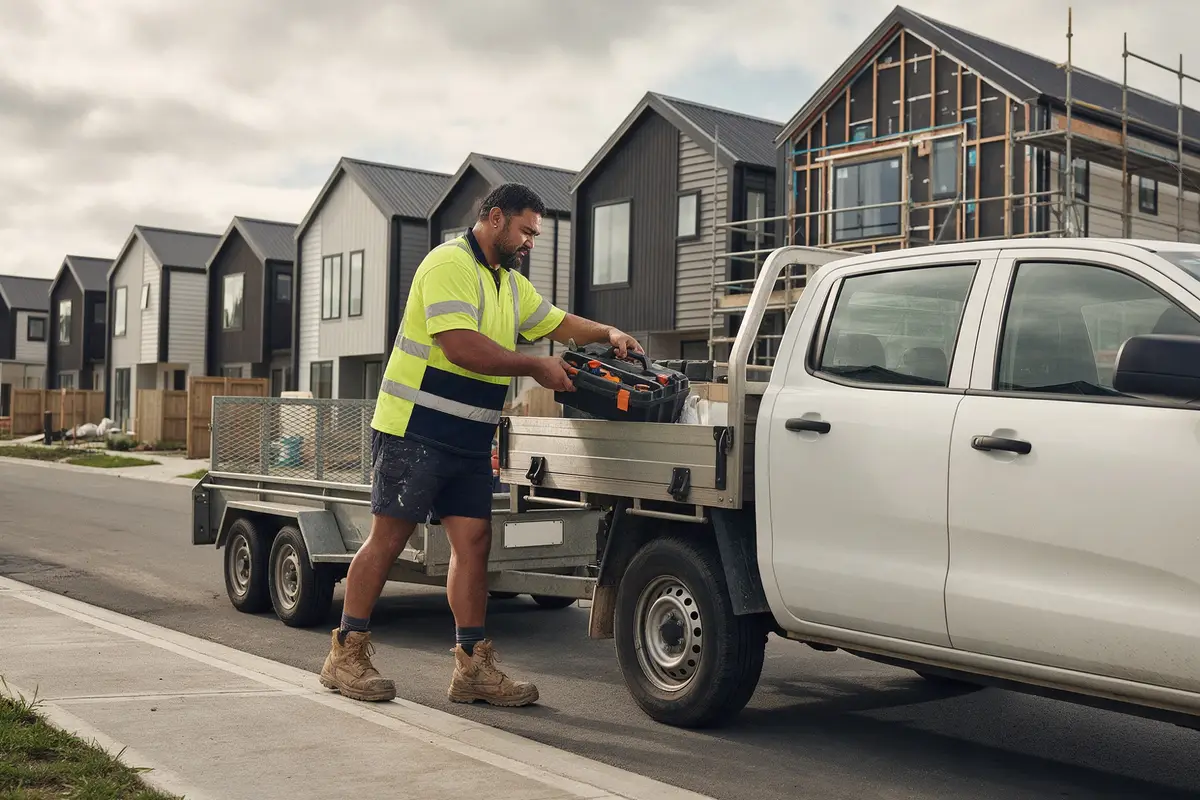 Tradie loading tools into a ute and trailer at an Auckland building site