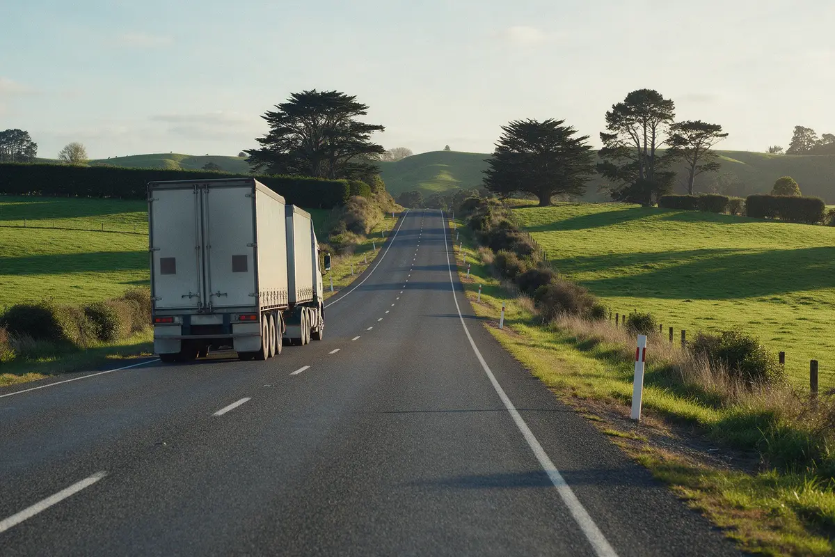 Truck and trailer unit travelling along a rural Waikato highway