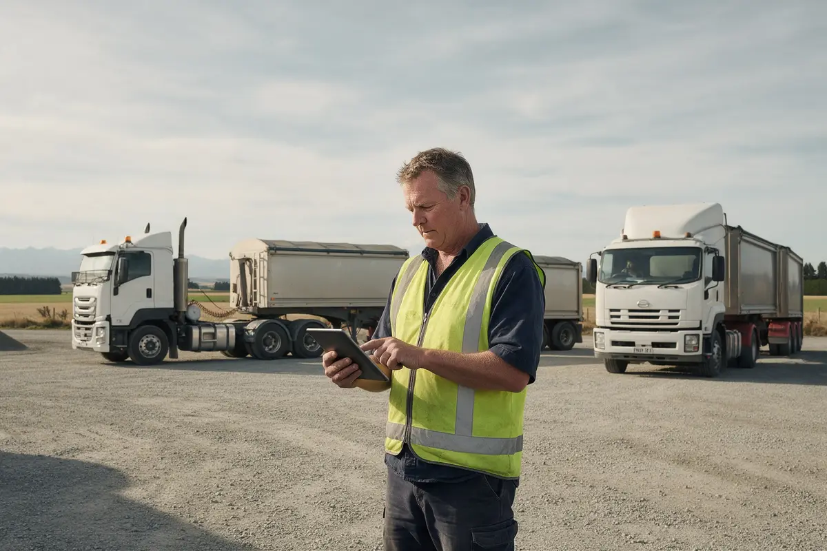 Trucking company owner in a depot yard checking a tablet beside his fleet