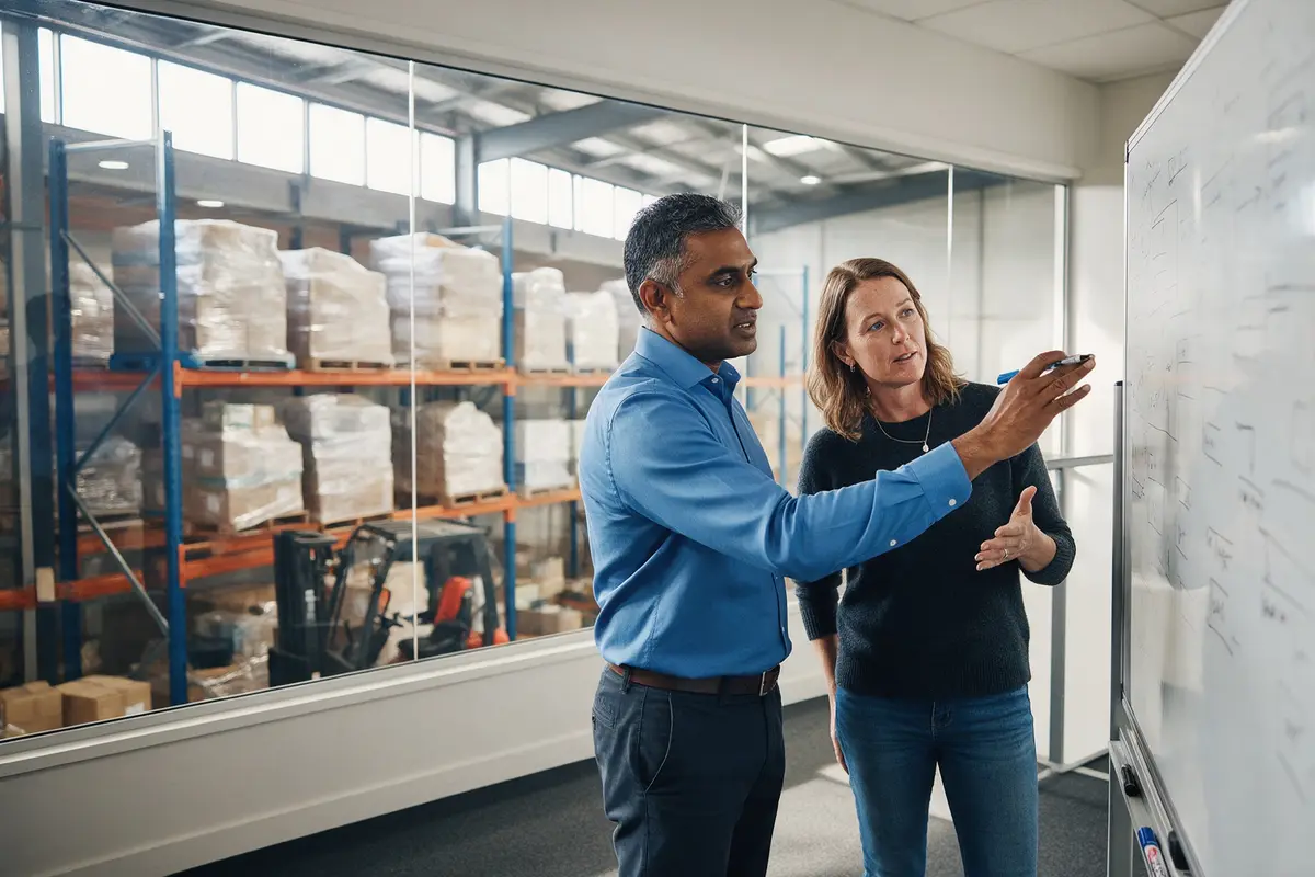 Two Auckland business owners planning finance options around a whiteboard in a warehouse office