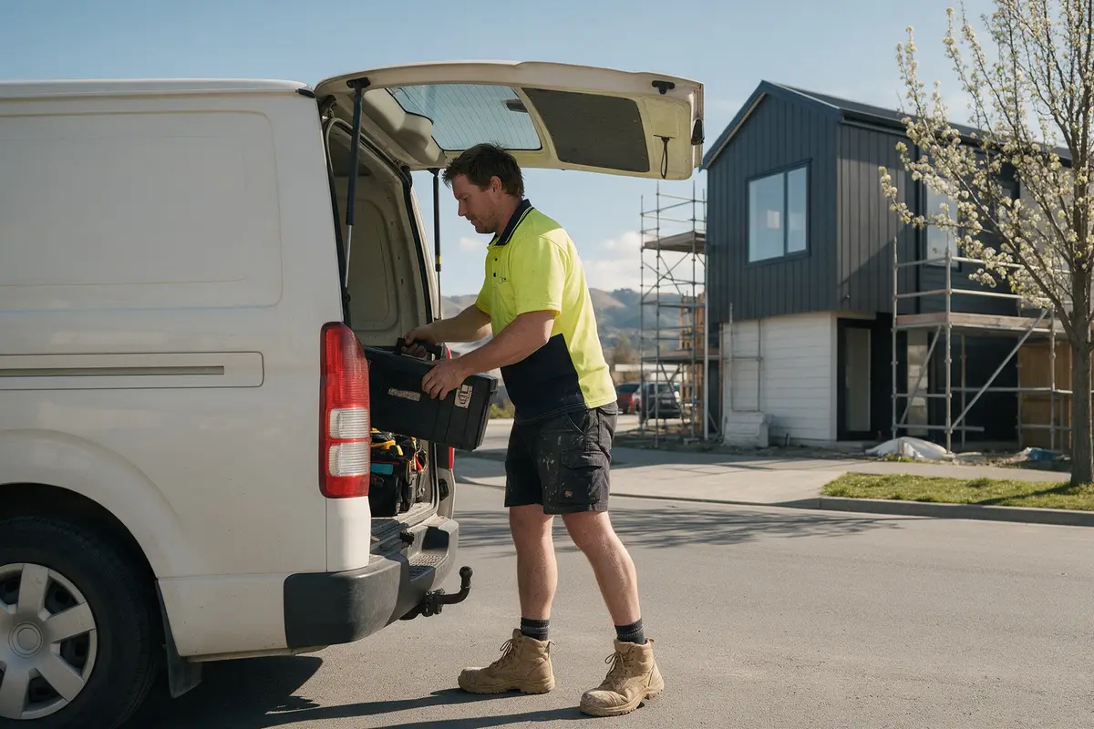 Christchurch electrician loading tools into a work van outside a new townhouse build
