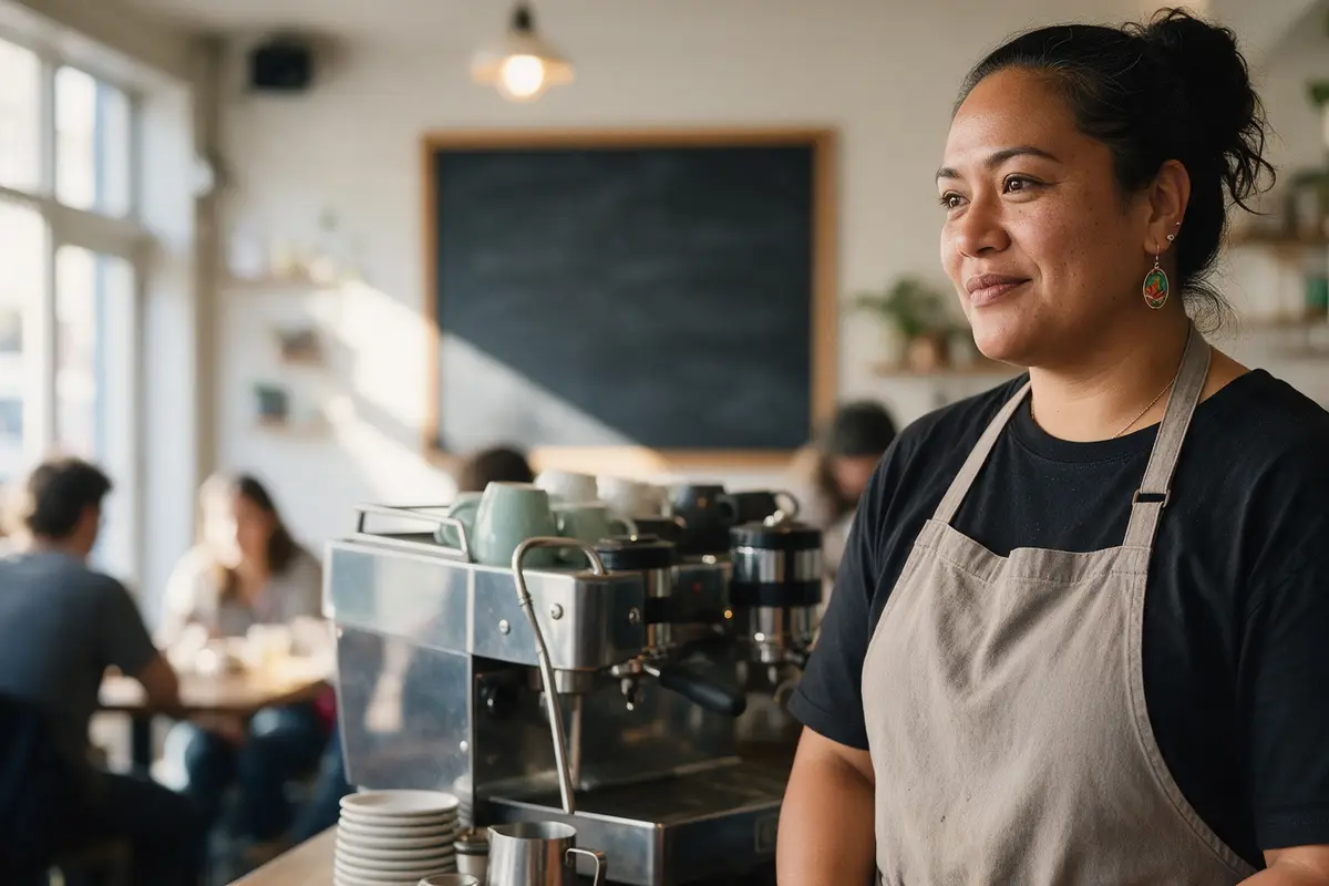 Wellington café owner behind the counter checking an unsecured business loan offer on her phone