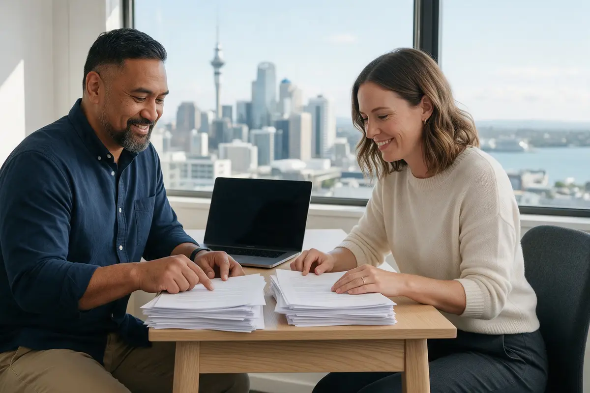 Two New Zealand business owners comparing an unsecured loan and a second mortgage at an office desk