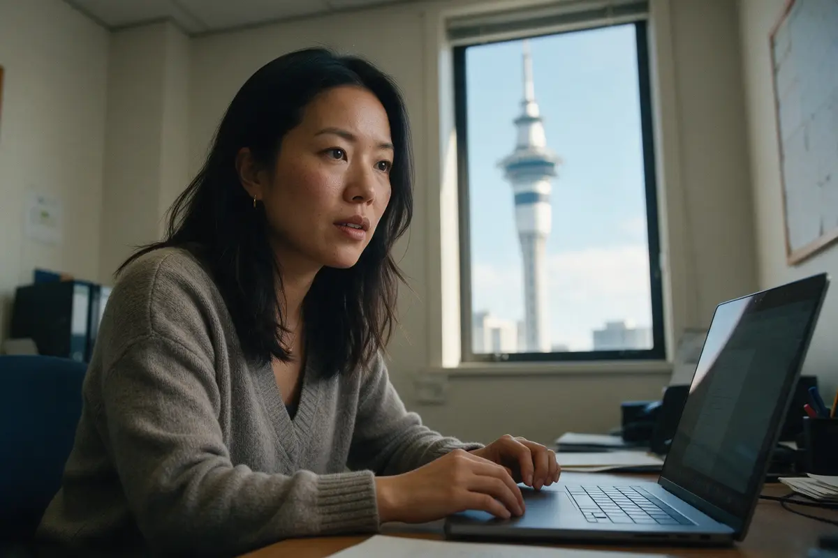 Auckland business owner submitting an urgent finance application on her laptop