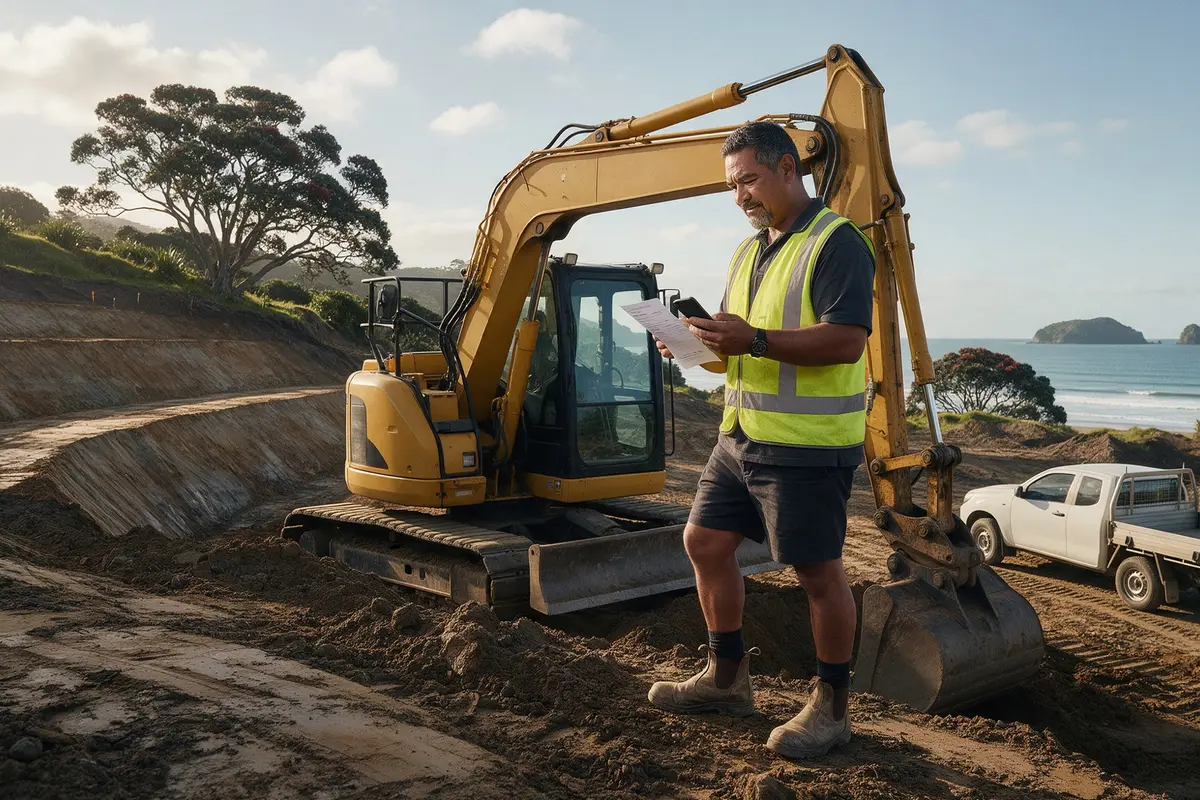 Northland civil contractor beside an excavator on a Bream Bay worksite reviewing a quote on his phone