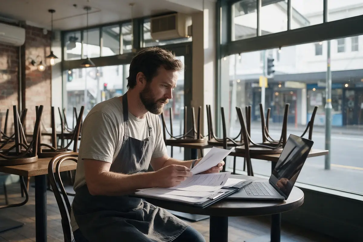 Wellington café owner going through business paperwork at a corner table before opening