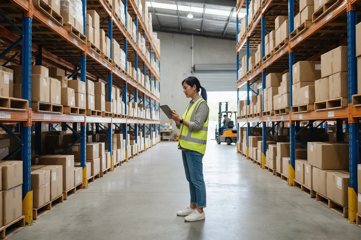 Auckland homeware importer checking stock levels on a tablet in a warehouse aisle
