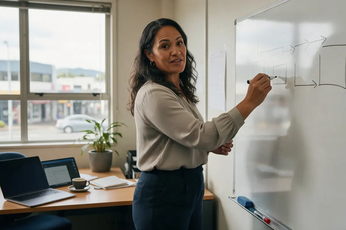 Hamilton business owner mapping out the cash cycle on a whiteboard in a small office