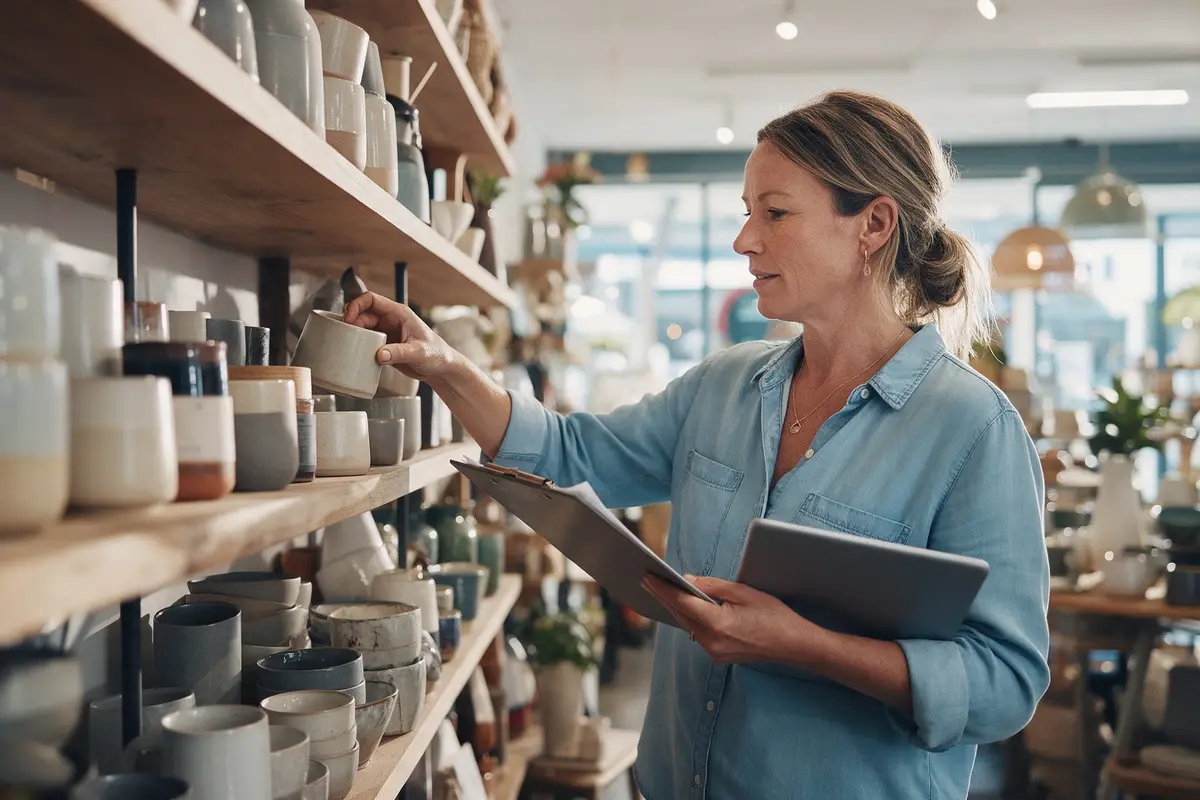 Retail store owner doing a stocktake in a New Zealand homeware shop